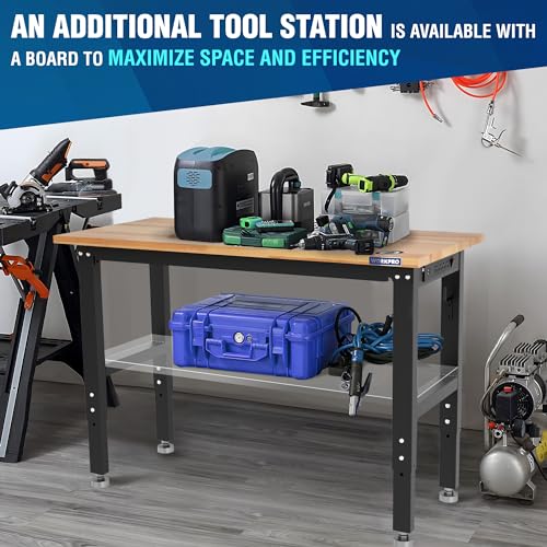 WORKPRO 48" Adjustable Garage Workbench, with Rubber Wood Top & Power Outlets + 2 Pack 16”x 32” Metal Pegboard, 1500 LBS Load Capacity Hardwood Worktable with Leveling Foot, for Workshop, Garage WORKPRO