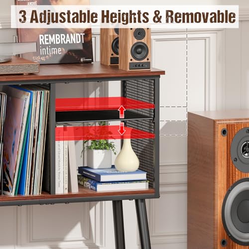 Record Player Stand with Adjustable Divider Vinyl Storage Holder Up to 200 Albums Mid-Century Large Record Player Table Vinyl Holder Turntable Stand End Table for Bedroom & Living Room, Patent Pending Simple Serenity