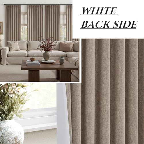Dark Flax Living Room Curtains 86 Inches Long,Tan Pinch Pleated Linen Window Curtain Total Blackout Burlap Sunblock Thermal Drapes for Winter Cabin/Office/Nursery Room Divider (40"x86" 2panels) QJmydeco