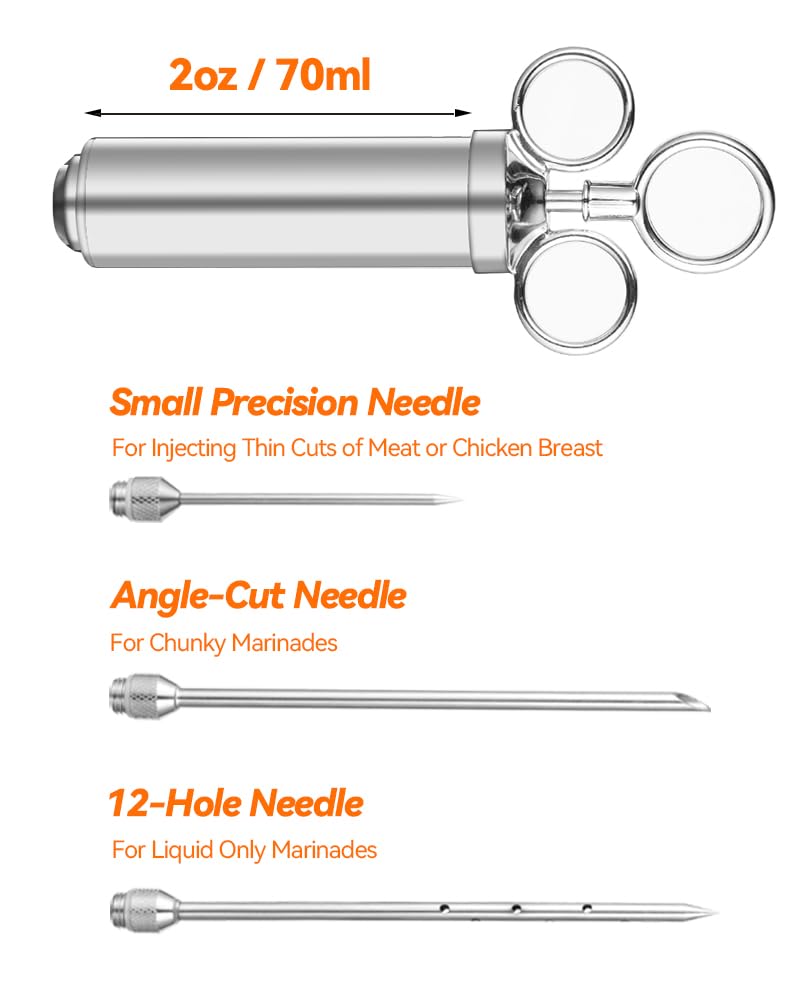 Brigii Meat Injector Syringe, 2oz Turkey Injector Seasoning, 304-Stainless Steel Seasoning Injector with 3 Marinade Needles and 3 Cleaning Brushes for Smoked BBQ Grilling Brigii