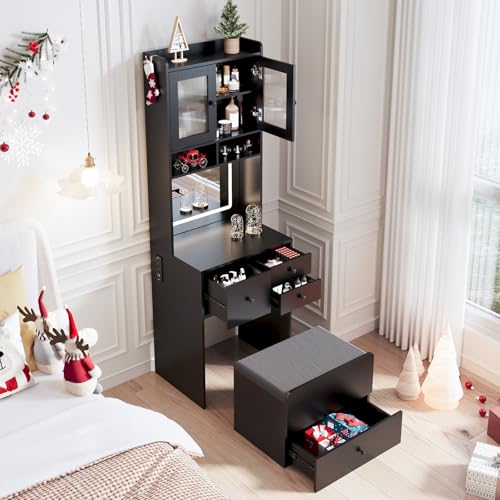 Garvee 3 in 1 Vanity Desk with LED Light, Tall Makeup Vanity Set with 2 AC Outlets & USB-c, Dressing Table with Drawers & Acrylic Doors, Nightstand Vanity Mirror, Jewelry Box, Cushioned Chair, Black Garvee