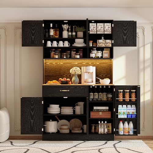 FJTJBSI 72" Kitchen Pantry Cabinet with LED Light and Charging Station Tall Pantry Storage Cabinet with Adjustable Shelves and Door Shelves Modern Kitchen Hutch with Countertop Black FJTJBSI