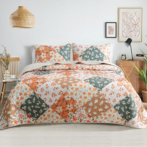 Whale Flotilla Patchwork Quilt Twin Size, Extra Soft Boho Floral Bedspreads for Bed Reversible Lightweight Twin Quilt Bedding Set Printed Coverlets with 1 Pillow Sham for All Seasons, Orange Whale Flotilla