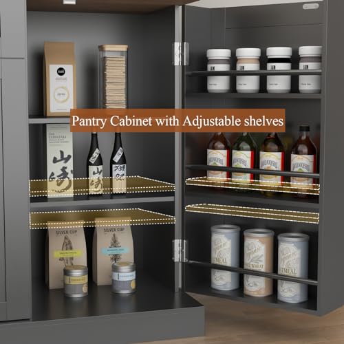 Gyfimoie Sideboard Buffet Cabinet with 2 Drawers, Farmhouse Kitchen Pantry with Adjustable Shelves, Coffee Bar Cupboard Cabinet with 3 Doors for Kitchen, Dining Room (Black) Gyfimoie