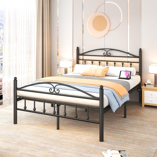 Samurbex Queen Bed Frame with Headboard,Black Metal Platform Bed Frame Queen Size with LED Lights & Charging Station,Heavy Duty Metal Steel Slats,No Box Spring Needed,Noise Free,Easy to Assemble Samurbex