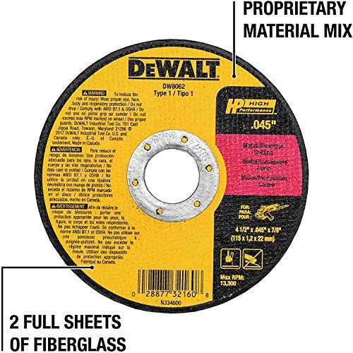 DEWALT Cutting Wheel, General Purpose Metal Cutting, 4-1/2-Inch, 5-Pack (DW8062B5) DEWALT