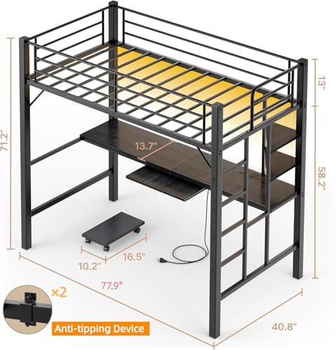 Gizoon Twin Loft Bed with Desk, Metal Loft Bed Frame with LED Lights & Charging Station, Storage Shelf, Pull-Out Keyboard, Ladder and Safety Guardrail, Space-Saving, No Box Spring Needed, Black Gizoon