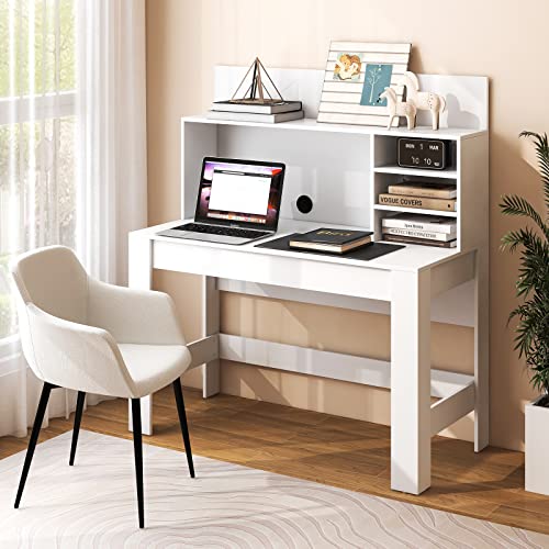 Giantex White Desk with Hutch, Home Office Desk with Bookshelf, Computer Workstation PC Laptop Table with Anti-Toppling Device & Cable Hole, Modern Study Writing Desk for Small Spaces, Bedroom Giantex