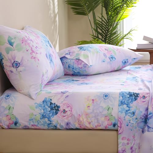 JSD Purple Hydrangea Floral Sheet Set Twin Size, 3 Piece Printed Microfiber Bed Sheets Deep Pocket JSD