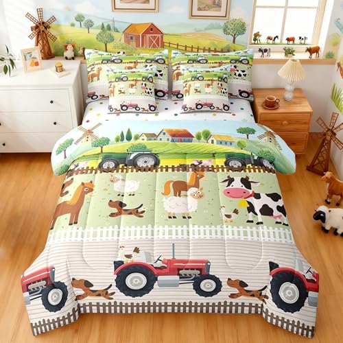 Tractor 7 Piece Bedding Sets Boys Queen, Toddler Kids Cute Cartoon Farm Animals Comforter Set & Sheets Set Farmhouse Bed Set with Comforter, Sheet Set, Pillowcases & Pillow Covers - Soft Breathable Feelyou