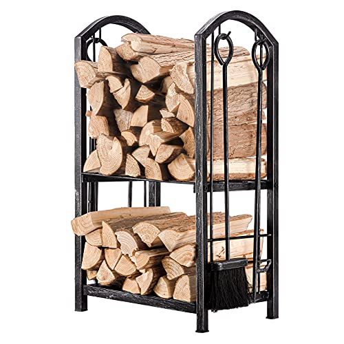 Amagabeli Firewood Rack Indoor 5 Pieces Fireplace Tools Set Fire Wood Holder with Tongs Poker Brush and Shovel Outdoor Log Rack Solid Wrought Iron Fireplace Set Kit Wood Stove Accessories Pewter AMAGABELI GARDEN & HOME