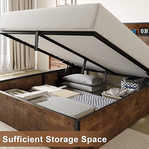 AMERLIFE Queen Size Lift Up Storage Bed Frame with Charging Station in Rustic Brown AMERLIFE
