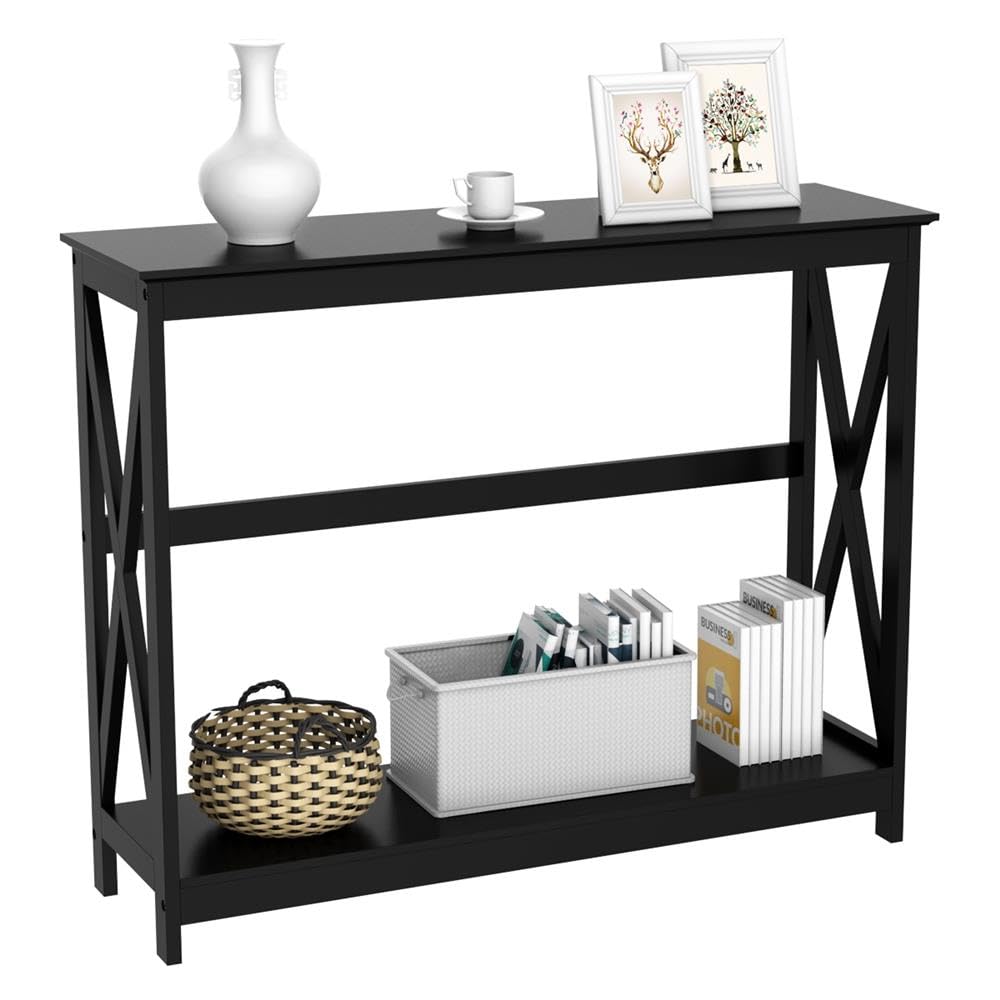 Yaheetech Console Table for Entryway, 2 Tier Entryway Table Bookshelf Accent Table w/Storage Shelf Living Room Entry Hall Foyer Table Furniture, Black,X-Design Yaheetech