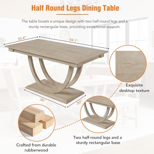 LUMISOL Dining Table Set for 6, Wood Half Round Dining Table Set with Long Bench and 4 Upholstered Chairs Solid Wood Dining Table Set, Modern Kitchen Table Set for 6 Persons, Natural LUMISOL