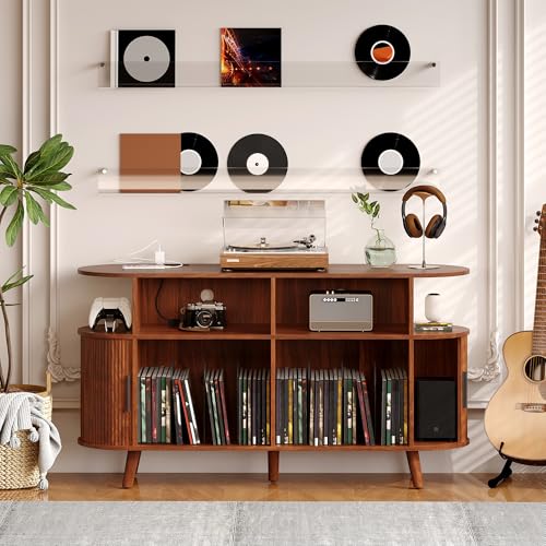 55'' Fluted Mid Century Modern Turntable Cabinet with Vinyl Storage, Large Round Record Player Stand with Charging Station and Display Shelf, Arched Wood Record Player Table for Living Room Garvee