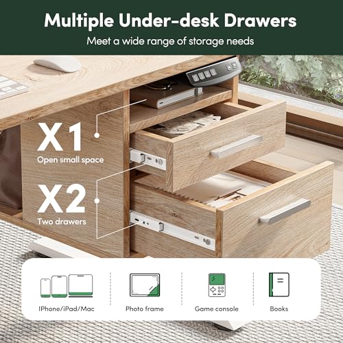 FEZIBO Electric Standing Desk 48 x 24 Inch with Monitor Shelf, 3 Drawers and Open Storage, Home Office Computer Workstation, Maple, 2 Packages FEZIBO