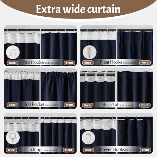KNEOQIT Extra Wide Room Divider Blackout Curtains with Hooks, Thermal Insulated Drapes for Living Room, Bedroom, Sliding Door, Large Windows Navy Blue(1 Panel, 100" W x 84" H) KNEOQIT