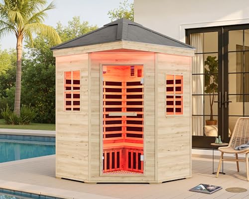Albott Outdoor Sauna 4 Person, Infrared Saunas for Home, Low EMF 2850W/240V/20A Spruce Wood Dry Sauna with Tourmaline Stone Foot Warmer, 7-Color Light Therapy & 2 Bluetooth Speakers, 59.1"x59.1"x98.4" Albott