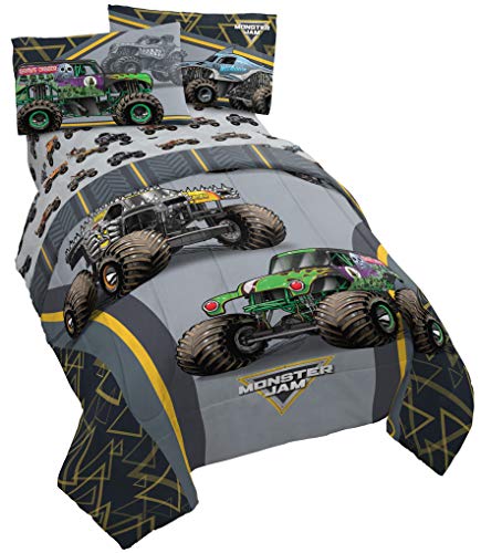 Jay franco Monster Jam MJ Life 4 Piece Twin Bed Set-Includes Reversible Comforter&Sheet Set-Bedding Features Grave Digger, Max-D, Megalodon-Super Soft Microfiber-(Official Monster Jam Product) Jay Franco