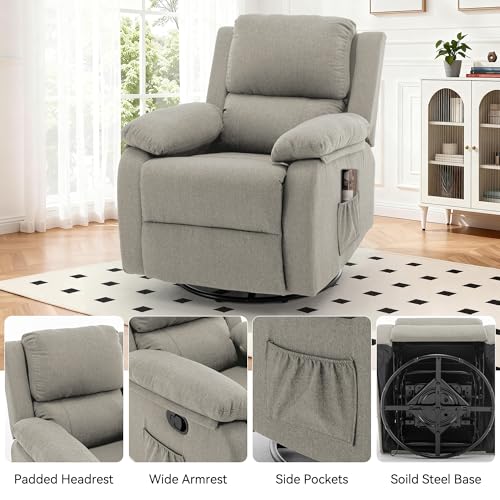 Korser Recliner Chair, 360 Swivel Rocker Chair for Adults, Small Rocking Recliner for Small Spaces, Upholstered Fabric Glider Recliner Nursery (Swivel Rocker Recliner, Light Khaki)