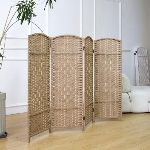 Furnnylane 4 Panel Rattan Divider Short Room Partition Screen,Double Sided Folding Divider for Room Separation,Light Brown,47.2" H x 63" W Furnnylane