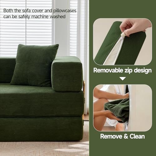 SEQAVRW 79" Boneless Sofa Bed, 5-in-1 No-Assembly Convertible Sleeper Couch with Fixed Frame Armrests, Modular Corduroy Futon, Compressed in a Box for Space Saving (Green, Includes 2 Pillows) SEQAVRW
