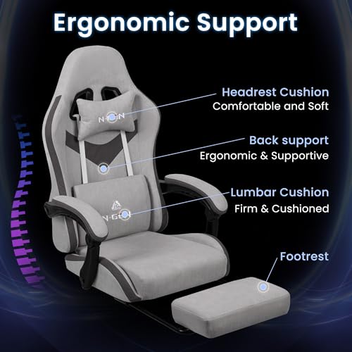 N-GEN GAMING Video Gaming Chair with Footrest Lumbar Support for Home Office High Back Recliner Height Adjustable Ergonomic Comfy Fabric Computer Desk Chair (Grey) N-GEN GAMING