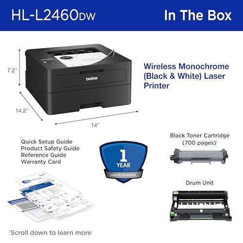 Brother HL-L2460DW Wireless Compact Monochrome Laser Printer with Duplex, Mobile Printing, Black & White Output | Includes Refresh Subscription Trial(1), (Renewed Premium) Brother
