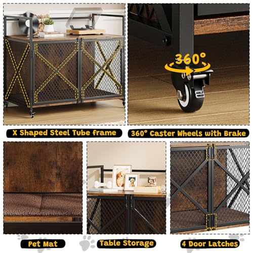 41'' Heavy Duty Dog Crate Furniture with Lockable Wheels, Decorative Wooden Dog Cage End Table, Double Door Indoor Pet Kennel with Cushion for Small, Medium & Large Dogs Up to 100 Lbs GAOMON