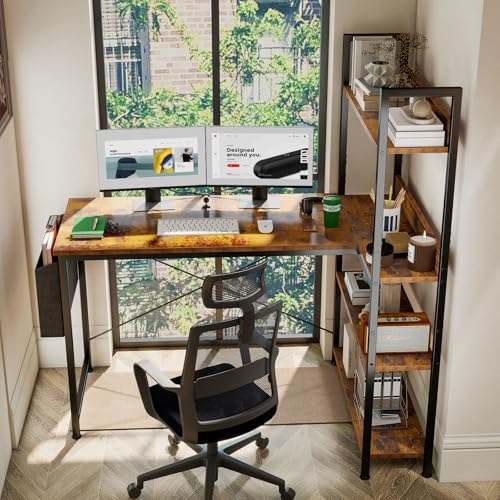 DUMOS L Shaped Desk Corner Computer Table 47 Inch, L-Shaped Gaming Desks with Storage Shelf Reversible, Wood Tables with Side Bag Adjustable Feet for 2 Monitors Small Space Home Office Bedroom, Brown DUMOS