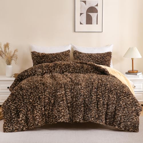 Melo10PM Leopard Print Fluffy Faux Fur Comforter Set King Size, 3 Pieces Brown Cheetah Plush Shaggy Fuzzy Bedding Set, Ultra Soft Luxury Furry Boho Animal Print Winter Warm Comforter for Women Gilrs Melo10PM
