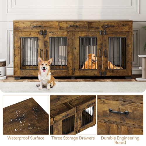 Dog Crate Furniture for 2 Dogs, 71'' XXL Indoor Dog Kennel with 3 Drawers and Removable Room Divider, Wooden Double Dog CrateTV Stand End Table with Double Doors for Large Medium Dogs, Brown GAOMON