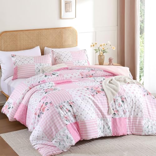 YIKUSH Queen Comforter Set - Pink Spring Floral Comforter Queen Size Patchwork Flower Cozy Bedding Set 3 Pieces for All Season, Cute Pattern 1 Comforter (90"x90") and 2 Pillow Shams (20"x26") YIKUSH