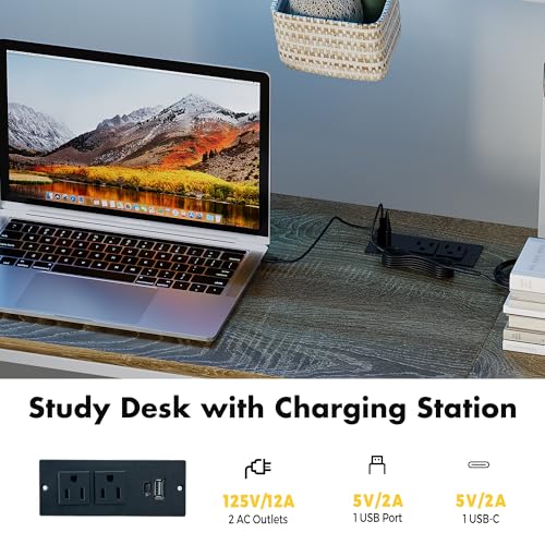 Kikihouse Full Size Loft Bed with Desk, Stairs & LED Light, Metal Gaming Loft Bed Frame with Headboard, Safety Guardrails, Charging Station, Closet and 12 Fabric Drawers, Space Saving, White and Oak Kikihouse