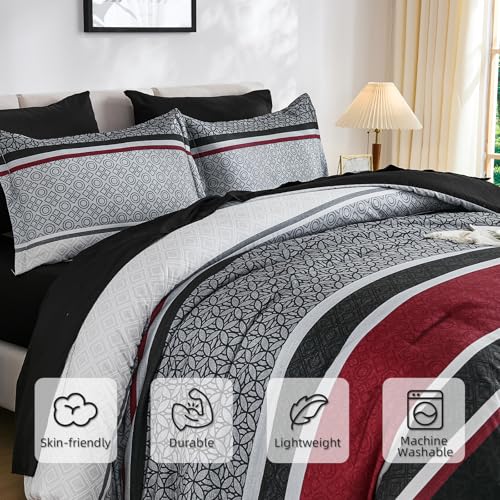 WONGS BEDDING 7 Pieces Comforter Set Queen Size, Black-red Striped Bed in a Bag Comforter and Sheet Set, Black Boho Soft Lightweight Micorfiber Bedding Set for All Season (90"Γ90") WONGS BEDDING