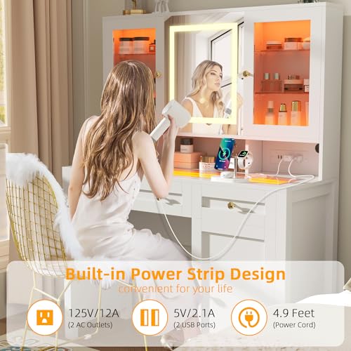 Semoic White Makeup Vanity Desk with LED Mirror and RGB Lights and Power Outlet, Morden Glass Top Vanity Table with Drawer & Storage Cabinet & Adjustable Shelves, Large Dressing Table for Bedroom Semoic