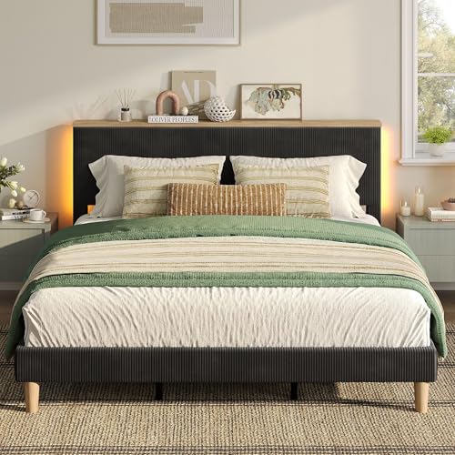 Bestier King Bed Frame with Adjustable Headboard & LED Lighting, Corduroy Upholstered Platform Bed Frame with Storage Shelf, Solid Wood Slats, No Box Spring Needed, Never Squeak, Easy Assembly, Black Bestier