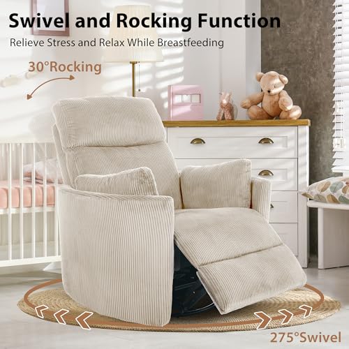 GNMLP2020 Power Rocking Chair Nursery, Oversized Rocker Recliner for Adults, Wide Swivel Rocker Recliner with USB, 2 Pillows, Electric Barrel Armchair Single Sofa for Living Room Bedroom, Beige