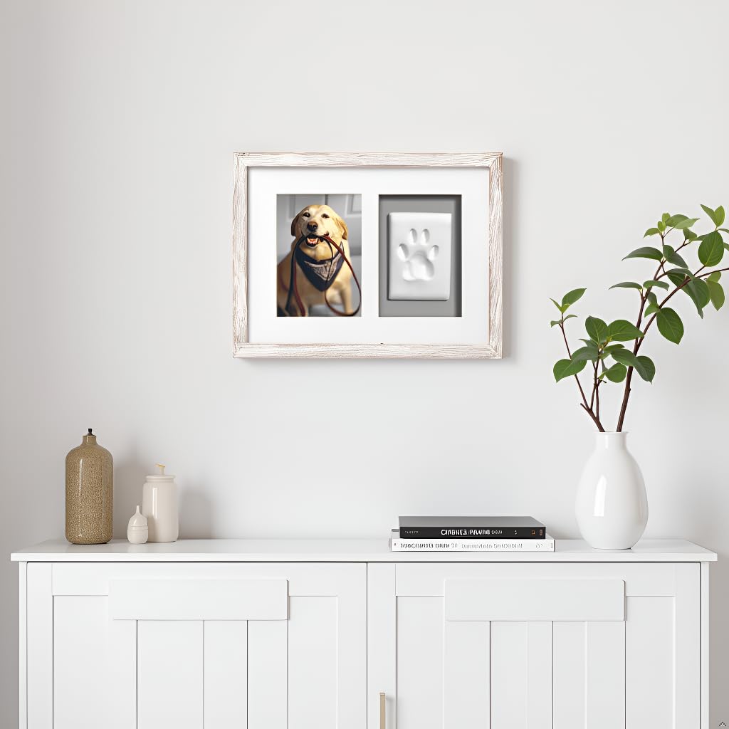 Pearhead Pet Pawprints Wall Picture Frame and Clay Impression Kit - DIY Clay Paw Print, Memorial Keepsake Frame for Cat and Dog, Ideal Home Decor Gift for Pet Owners, 4x6 Photo, Distressed White Pearhead