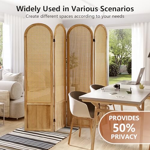 Asnefeli Room Divider 4 Panel, Folding Privacy Screen, Foldable Wood Divider Room Dec, Rattan Room Divider, Portable Partition Screen, Wall Divider for Room Separation Bedroom Home Office (Natural) Asnefeli