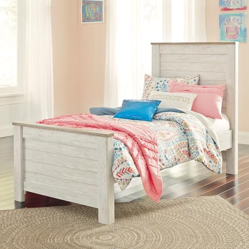 Signature Design by Ashley Willowton Casual Twin Panel Bed with Metal Slats, Foundation or Box Spring Needed, Whitewash Signature Design by Ashley