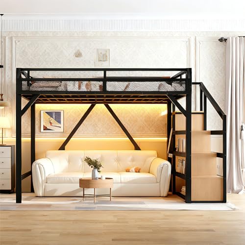 Bellemave Queen Loft Bed Frame with Storage Stairs, Beside Shelf & Wardrobe, Metal Queen Size Loft Bed with USB Ports&LED Light, Large Under-Bed Space Loft Beds for Adults,Teens, Kids, Black Natural Bellemave