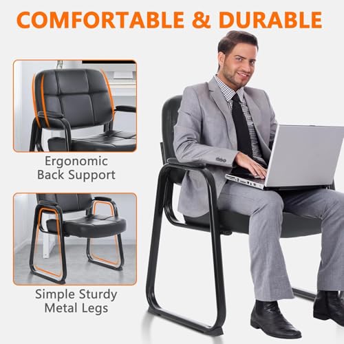 CLATINA Big & Tall Waiting Room Guest Chair Comfortable Reception Chairs with Bonded Leather Padded Arm Rest and Sled Base for Office Reception Lobby and Conference Desk, Black(4 Pack) CLATINA