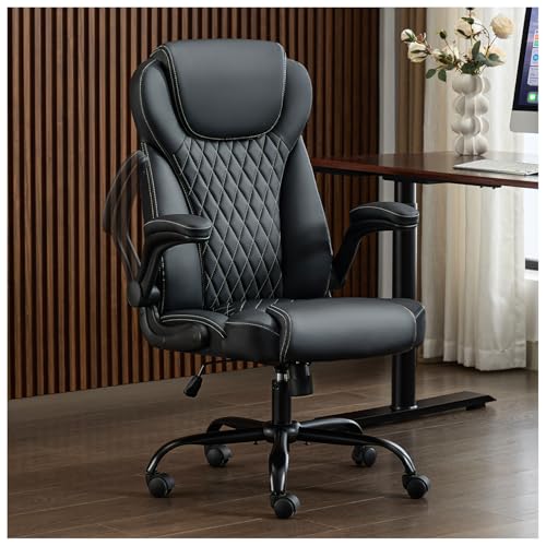 amseatec Office Chair, Executive PU Leather Chair Home Office Desk Chairs, Ergonomic Computer Desk Chair with Adjustable Flip-Up Arms, Lumbar Support Swivel Task Chair with Rocking Function (Black) amseatec