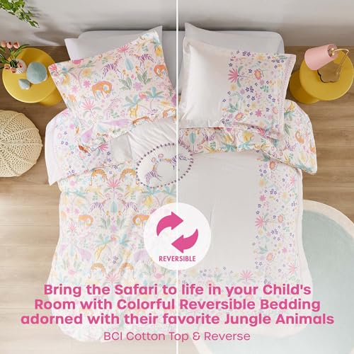 Intelligent Design Kids Queen Comforter Set, Favorite Jungle Animals Fun Safari Adventures Print, BCI Cotton, All Seasons Down Alternative Bedding, Sham & Pillow, Lulu, Full/Queen Purple 4 Piece Intelligent Design