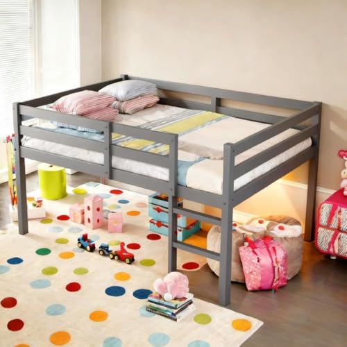 PVWIIK Twin Low Loft Bed with with Guardrail and Ladder for Girls,Boys - Rubberwood Frame,Grey PVWIIK
