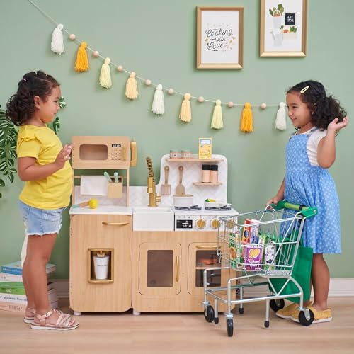 Teamson Kids Little Chef Cyprus Medium Wooden Play Kitchen with Interactive, Realistic Features, and 14 Kitchen Accessories for 3yrs and up, Light Oak/Faux White Marble/Gold Teamson Kids