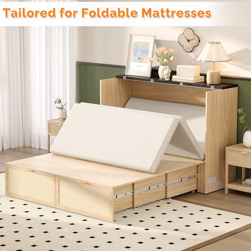 VINGLI Queen Size Rattan Murphy Bed with Storage Drawer, Space-Saving Cabinet Bed for Kids,Adults & Guests,Warm Off-White VINGLI