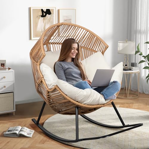 Shintenchi Wicker Egg Chair Outdoor, Oversized Outdoor Indoor Egg Rocking Chair, Large PE Rattan Patio Lounge Chair with Cushion for Patio, Balcony, Backyard, Garden, Beige Shintenchi