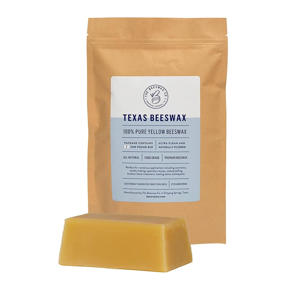 The Beeswax Co Pure Texas Beeswax Block - Ultra Clean - Naturally Filtered & Honey Scented - Premium Food Grade Yellow Beeswax For Candles, Butcher Blocks, Etc - Organic Bees Wax Bars - 1lb B
